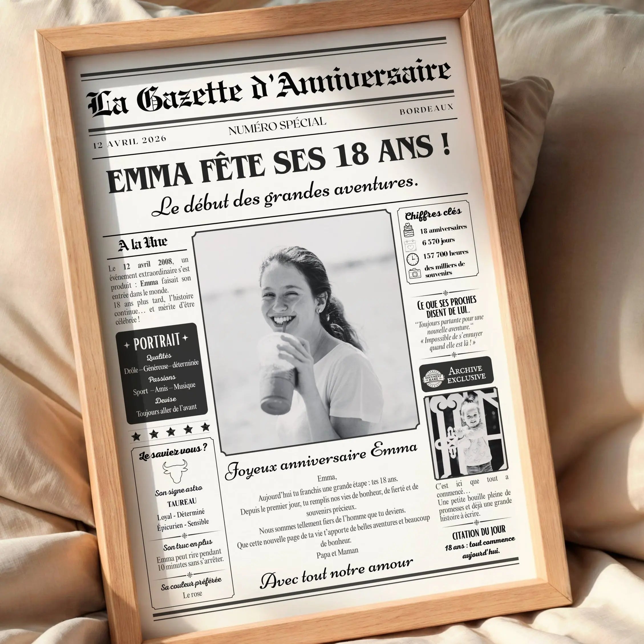 Idée cadeau originale pour une fille de 18 ans : affiche gazette anniversaire personnalisée façon journal.