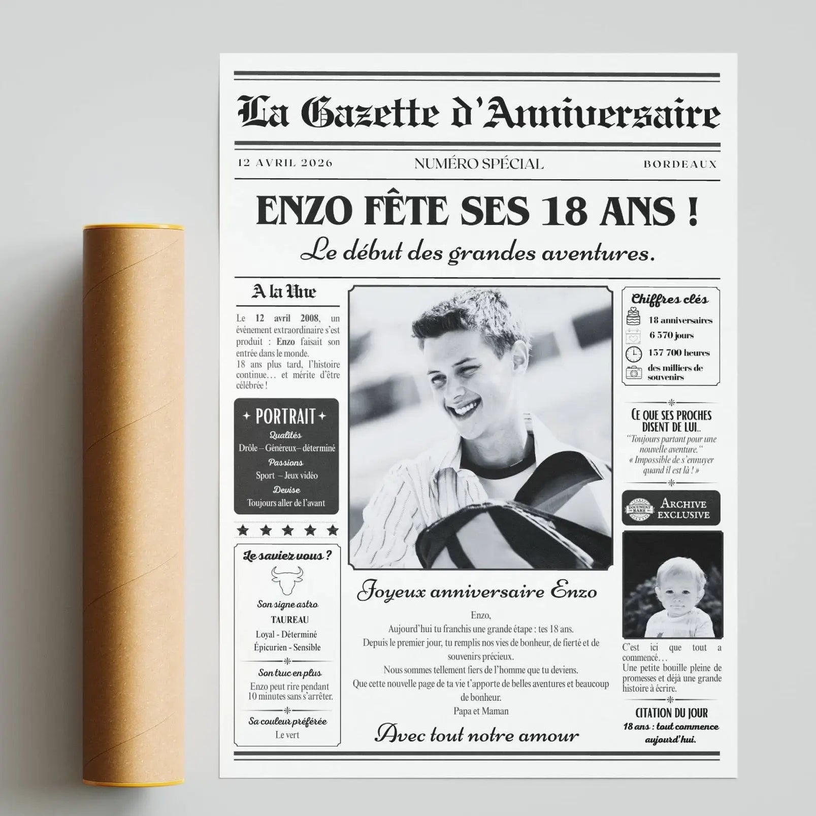 Cadeau personnalisé pour garçon de 18 ans : affiche gazette humoristique.