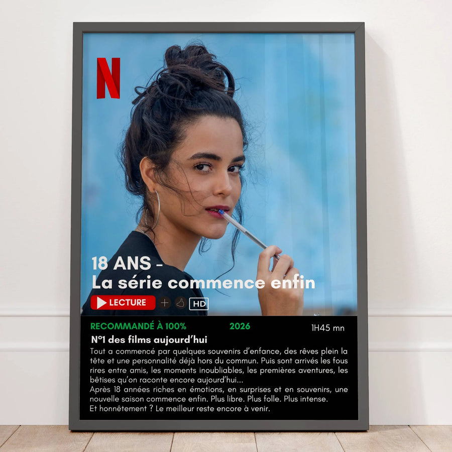 Affiche Netflix personnalisée pour anniversaire 18 ans avec photo et texte personnalisé style série culte moderne.