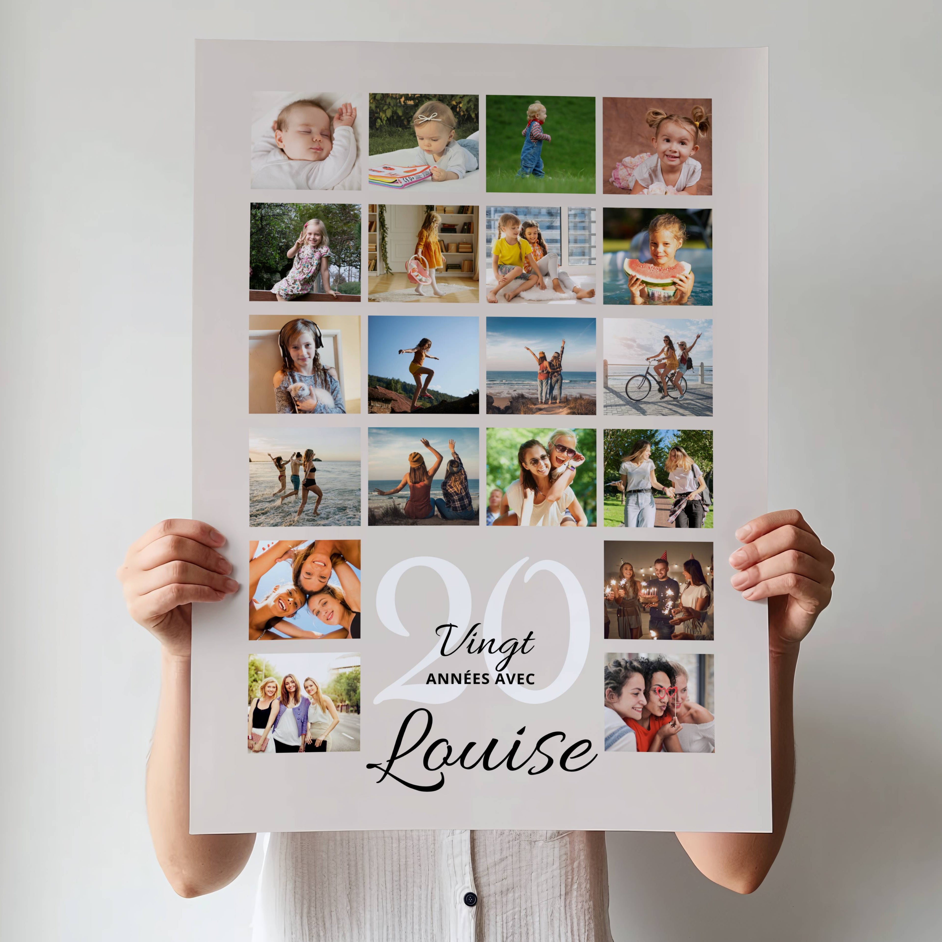 Affiche anniversaire 20 ans personnalisée avec photos d'enfance et souvenirs, modèle Vingt années avec toi et prénom