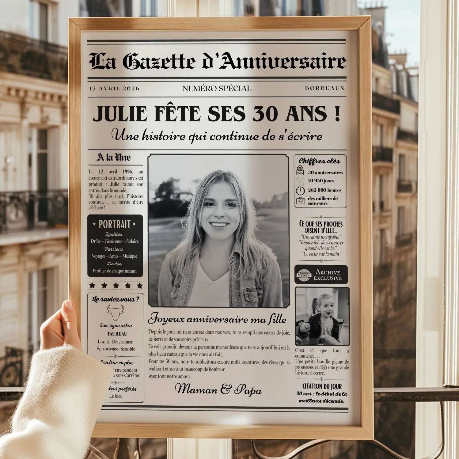 Affiche Gazette anniversaire 30 ans personnalisée avec photo principale et style journal vintage