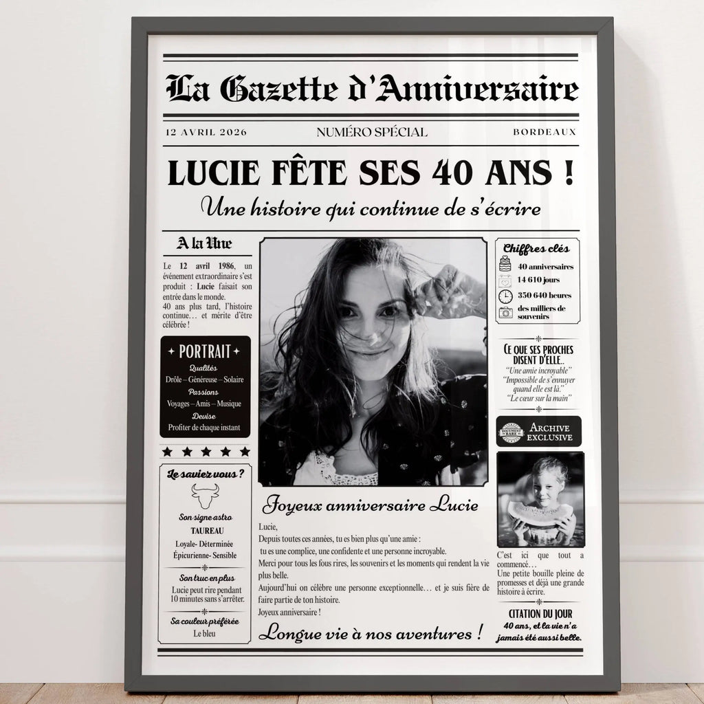 Affiche anniversaire 40 ans femme personnalisée façon journal avec souvenirs