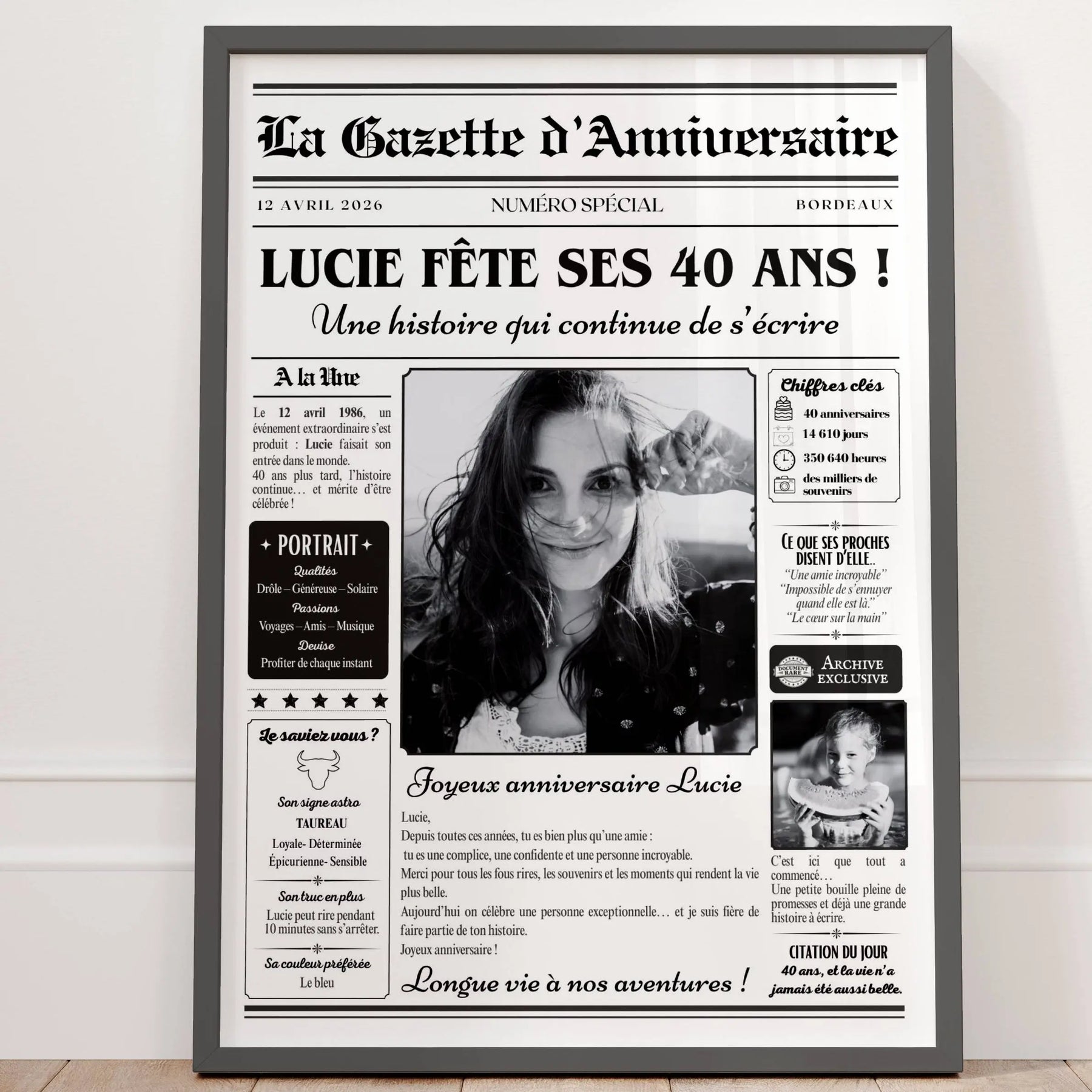 Affiche anniversaire 40 ans femme personnalisée façon journal avec souvenirs