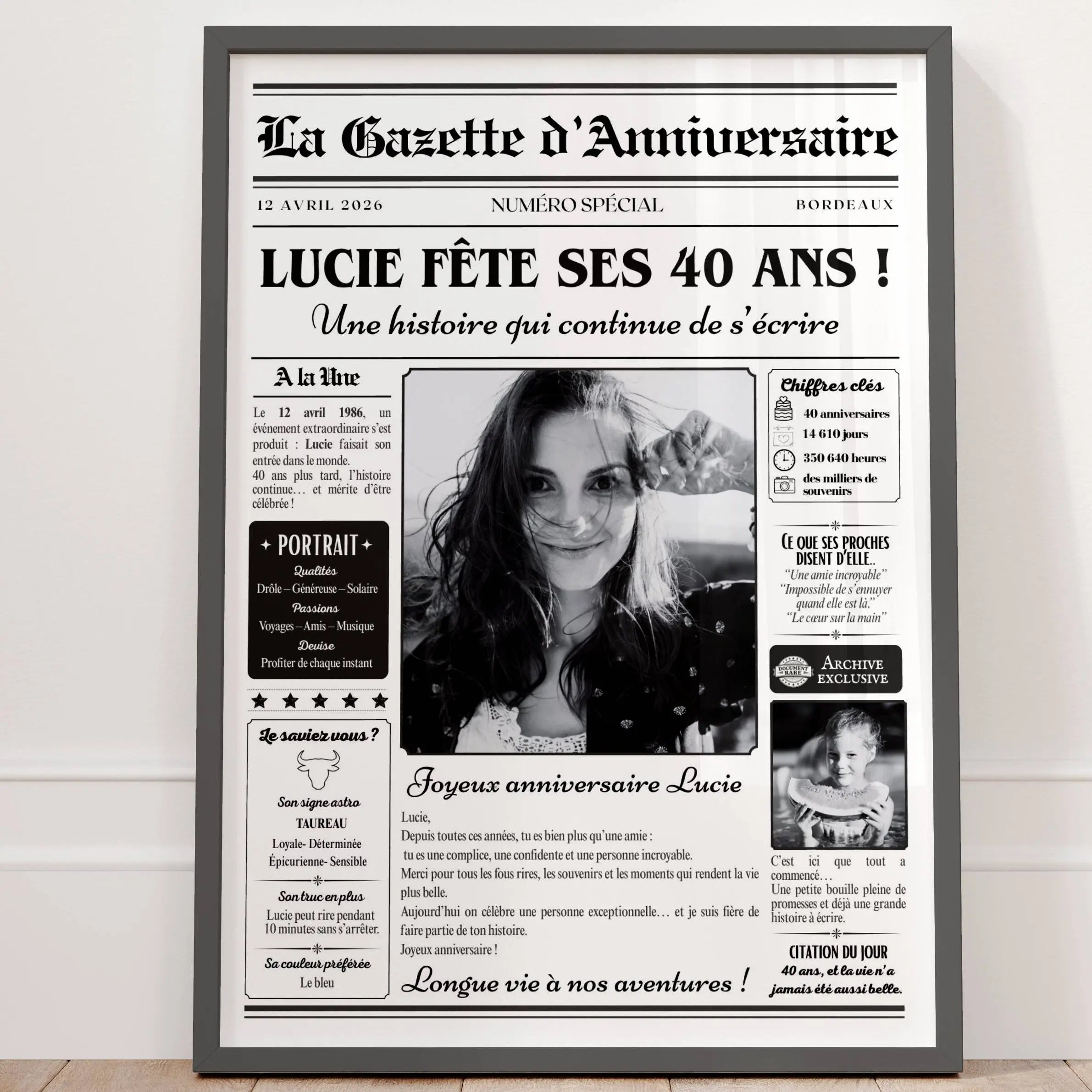 Affiche anniversaire 40 ans femme personnalisée façon journal avec souvenirs
