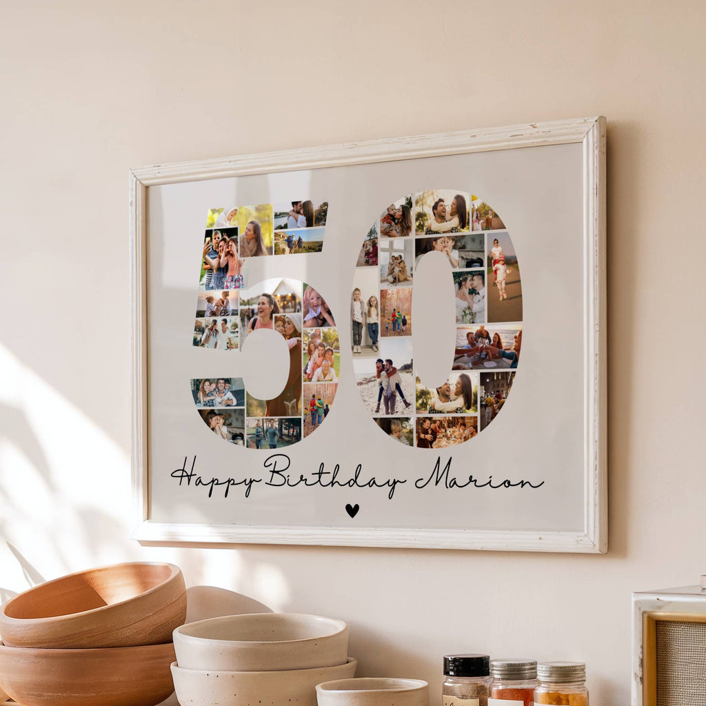 Cadeau anniversaire 50 ans personnalisé avec collage photo souvenir et prénom personnalisé