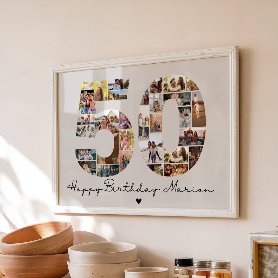 Cadeau anniversaire 50 ans personnalisé avec collage photo souvenir et prénom personnalisé