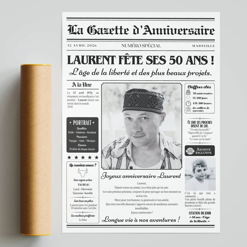 Affiche gazette anniversaire pour célébrer les 50 ans et un demi-siècle de souvenirs.