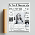 Affiche gazette anniversaire pour célébrer les 60 ans et raconter une vie pleine de souvenirs.