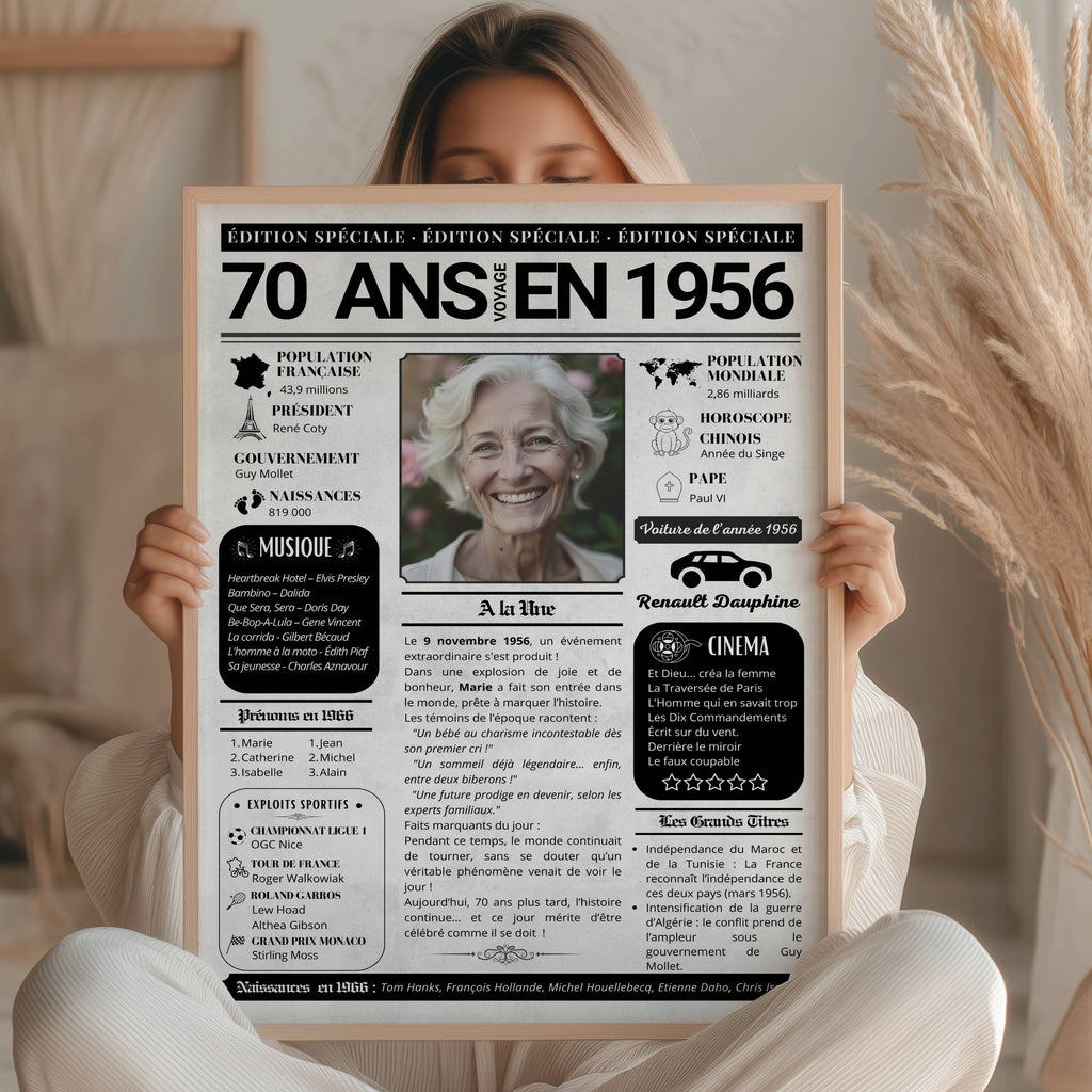 Affiche anniversaire 70 ans femme personnalisée avec photo intégrée au centre du journal 1956 vintage