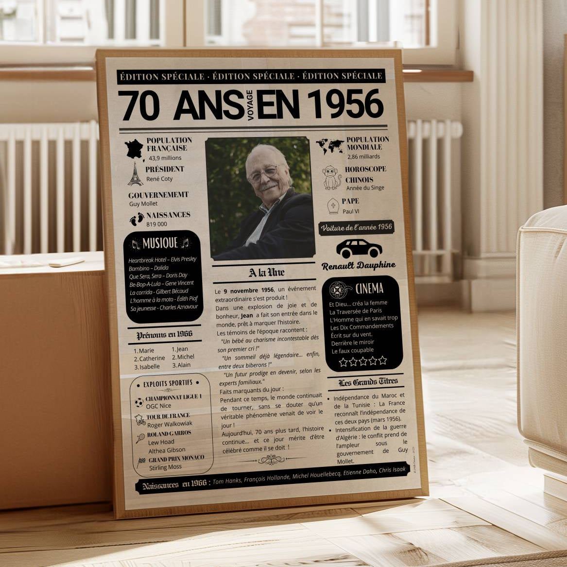 Idée cadeau 70 ans  affiche rétro 1956 personnalisée avec photo encadrée en décoration intérieure