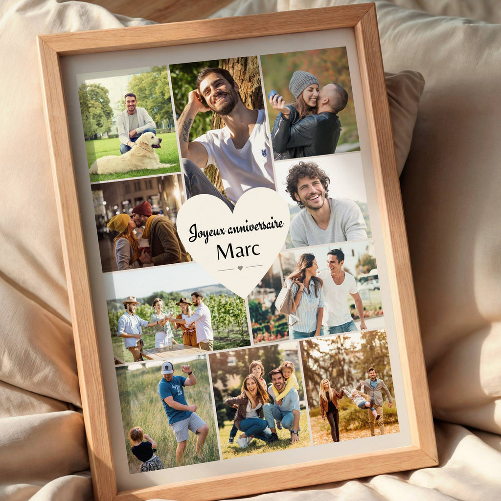 Détail cœur central avec prénom personnalisé sur affiche anniversaire homme photo souvenir.