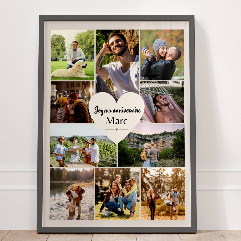 Affiche anniversaire homme personnalisée avec 10 photos et prénom, idée cadeau original et souvenir photo élégant.