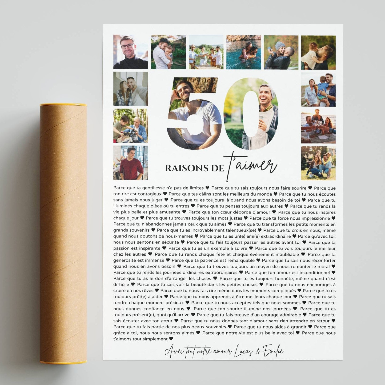 Affiche anniversaire personnalisée avec photos, raisons d’aimer et signatures pour cadeau inoubliable
