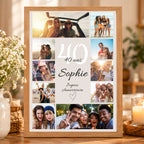 Affiche d’anniversaire personnalisée avec photos et prénom , présentée dans un cadre bois clair sur une console.