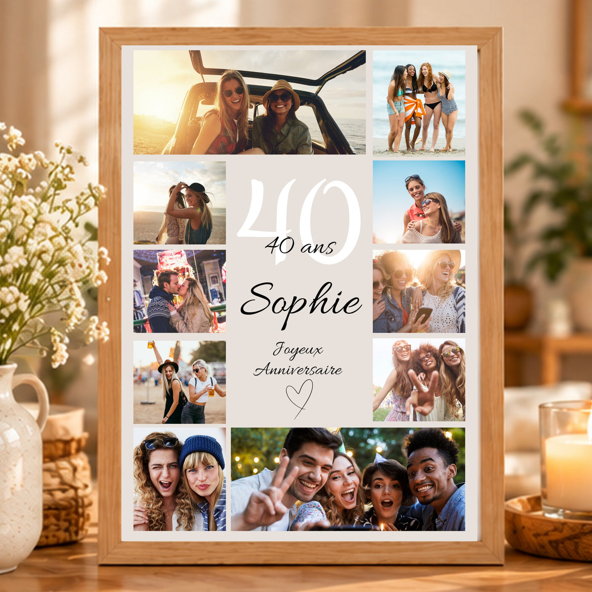 Affiche d’anniversaire personnalisée avec photos et prénom , présentée dans un cadre bois clair sur une console.
