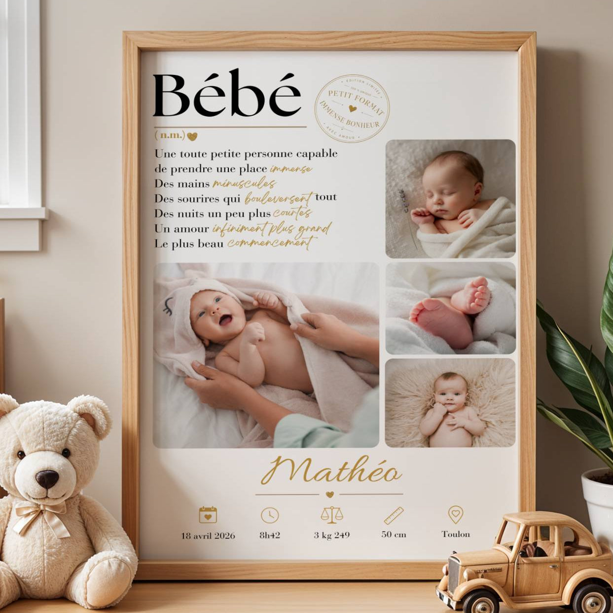 Affiche naissance personnalisée encadrée dans une chambre de bébé douce et élégante, idée cadeau pour jeunes parents