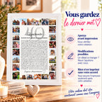 Cadeau personnalisé 40 ans avec photos : aperçu envoyé pour validation, modifications possibles avant impression de l’affiche.