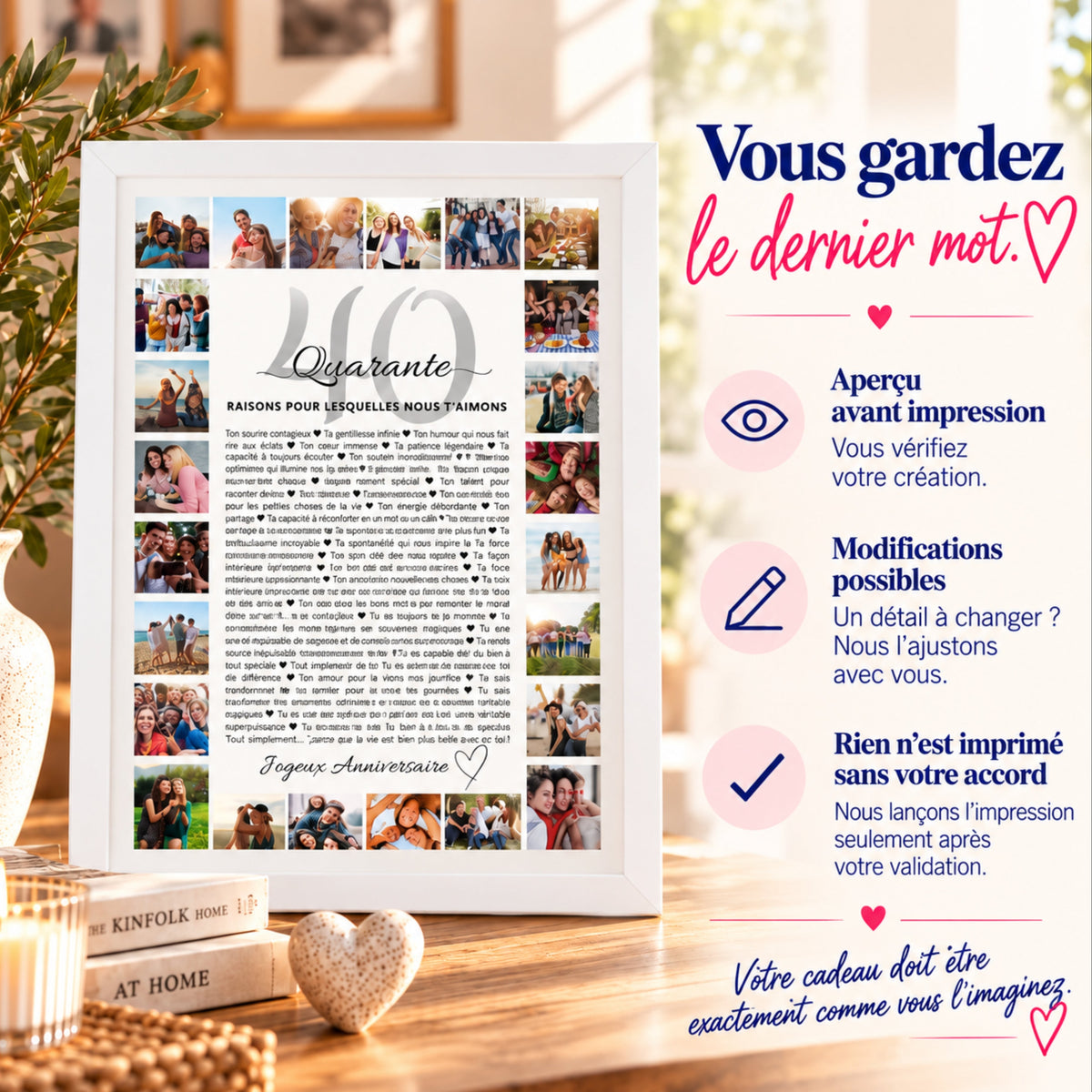 Cadeau personnalisé 40 ans avec photos : aperçu envoyé pour validation, modifications possibles avant impression de l’affiche.