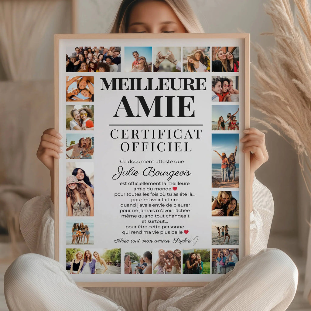 Affiche certificat meilleure amie personnalisée avec photos et texte cadeau anniversaire amie