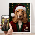 Affiche chien personnalisée à partir d'une photo, avec costume de Noël élégant, bonnet de Père Noël et ambiance festive.