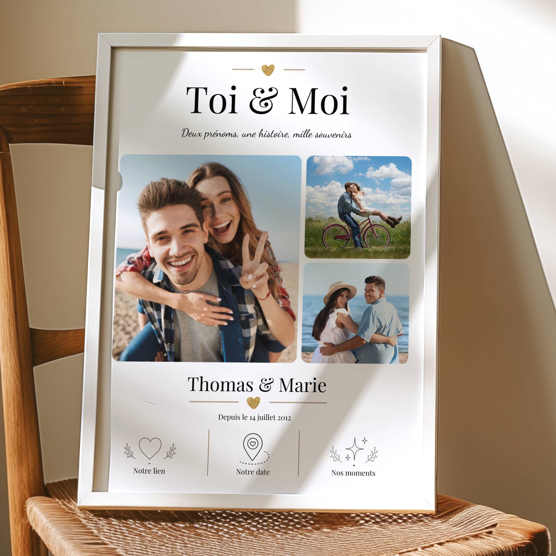 Affiche couple avec trois photos personnalisées, une date importante et des détails doux pour garder vos souvenirs.