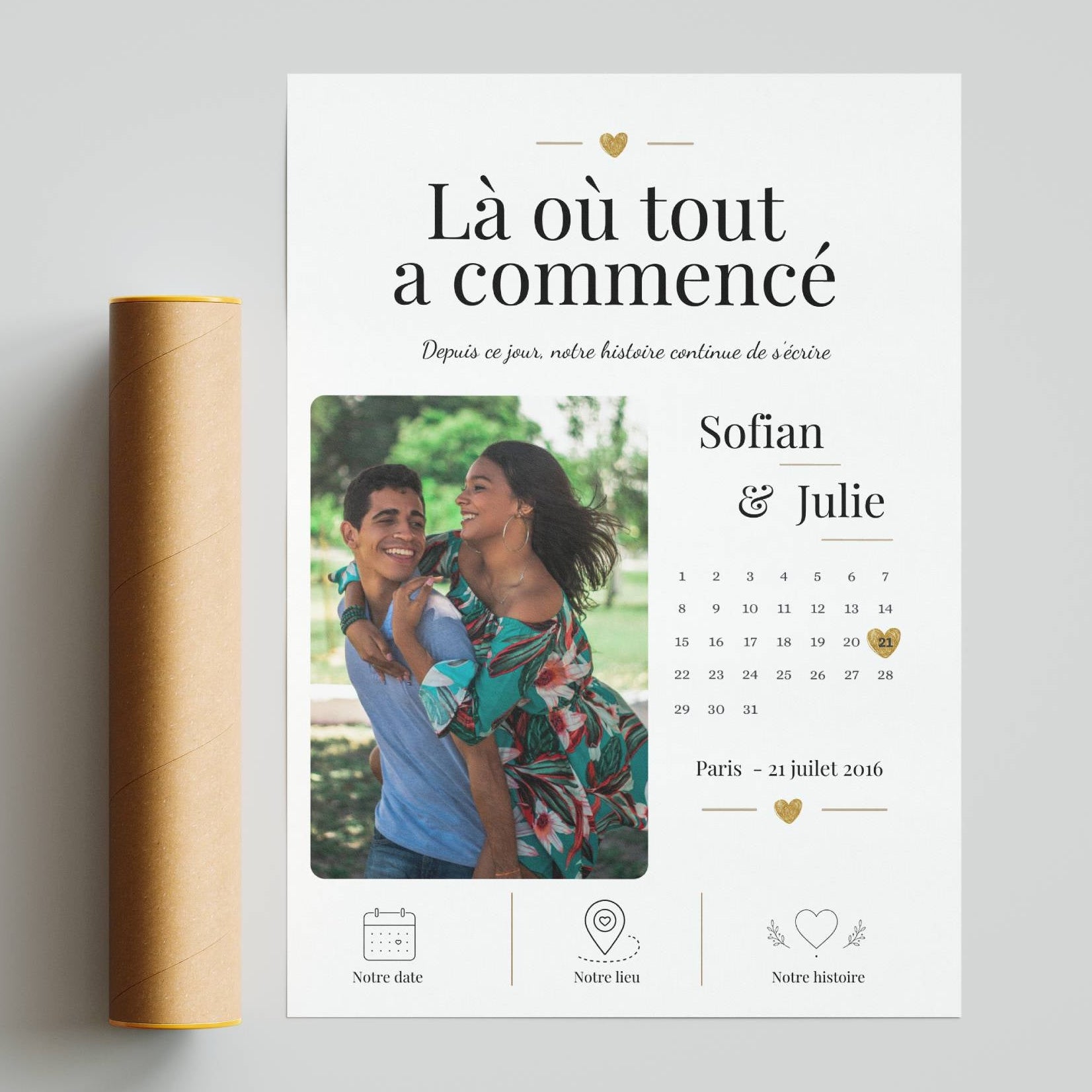 Affiche couple personnalisée avec lieu symbolique et date importante, une idée cadeau romantique et unique.