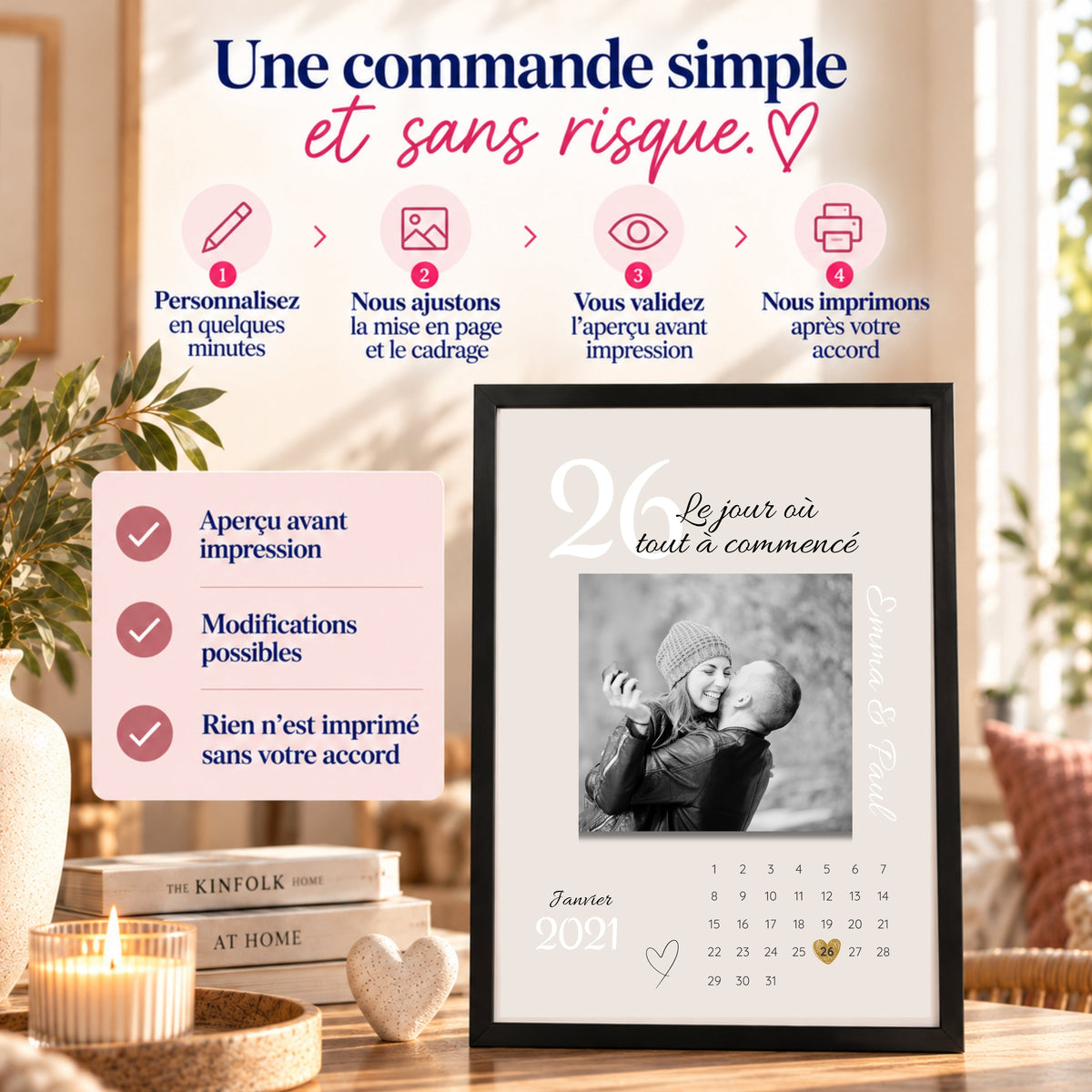 Étapes de commande d’une affiche couple personnalisée avec aperçu et validation avant impression