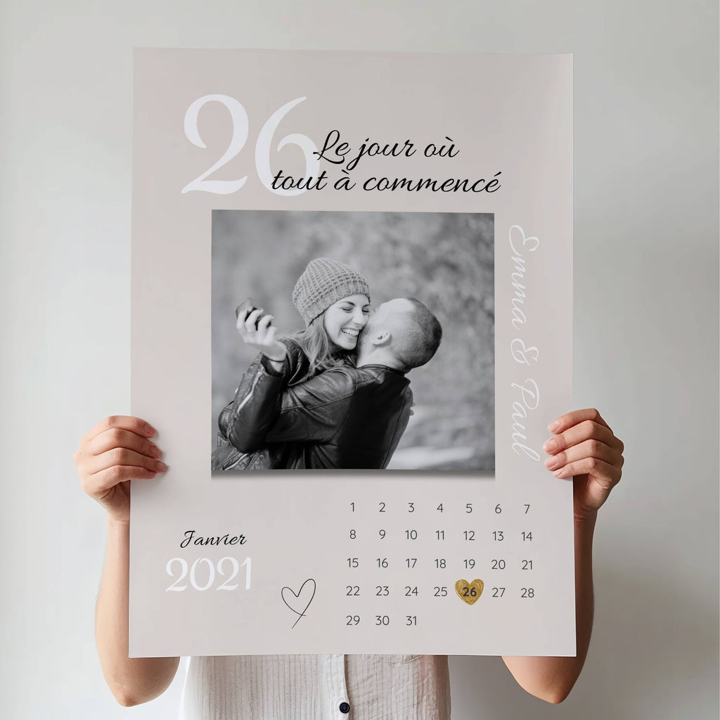 Affiche couple personnalisée avec photo, prénoms et date de rencontre – Le jour où tout a commencé
