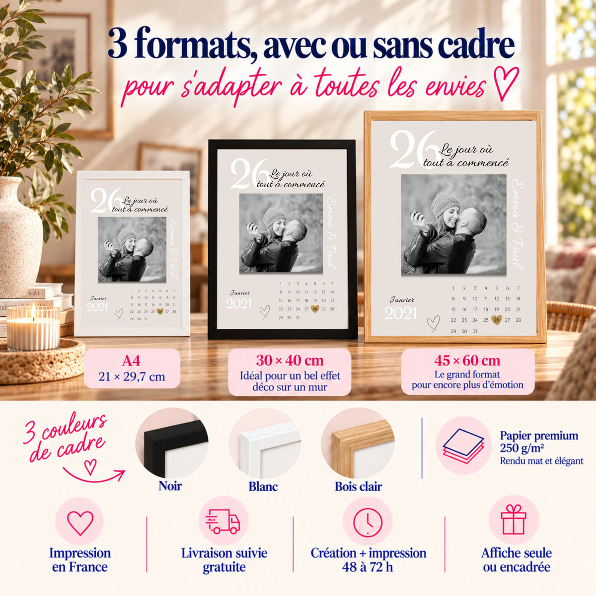 Affiche couple personnalisée en A4, 30x40 et 45x60 cm avec cadres blanc, noir ou bois clair