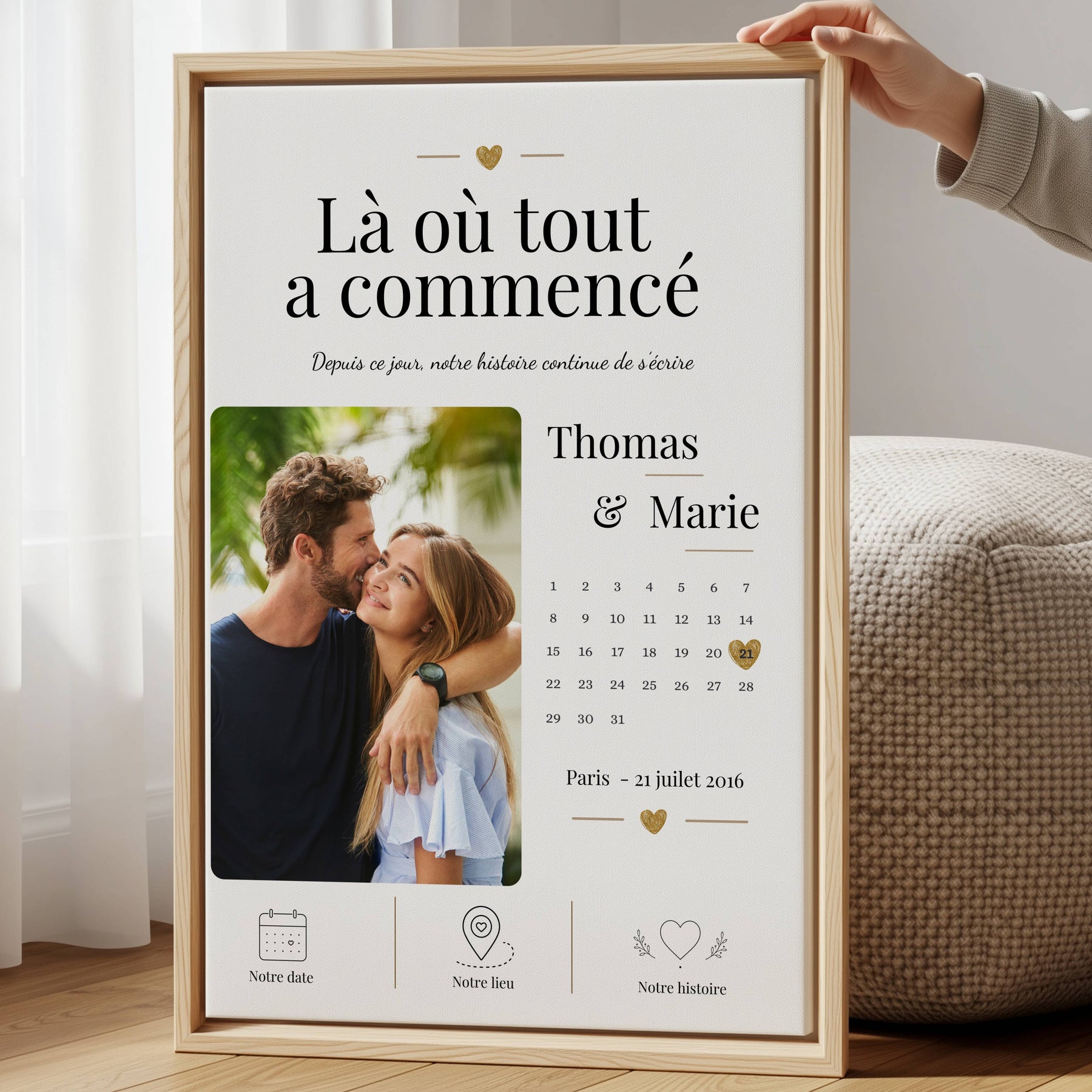 Cadeau couple personnalisé avec photo romantique, prénoms, date et lieu pour immortaliser un souvenir d’amour.