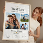 Cadeau couple personnalisé avec photo principale, prénoms et message, parfait pour célébrer une belle histoire d’amour.