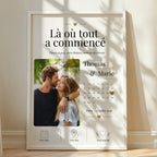 Calendrier personnalisé avec date marquée d’un cœur sur une affiche couple, souvenir romantique à offrir.