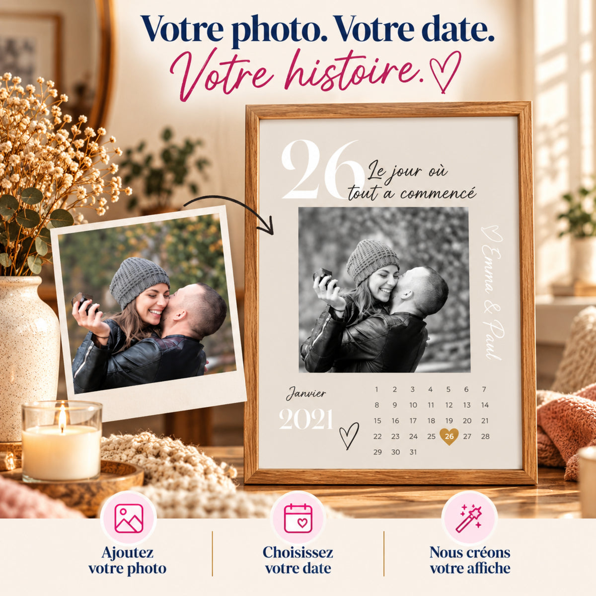 Affiche personnalisée couple avec calendrier de rencontre dans un cadre en bois clair