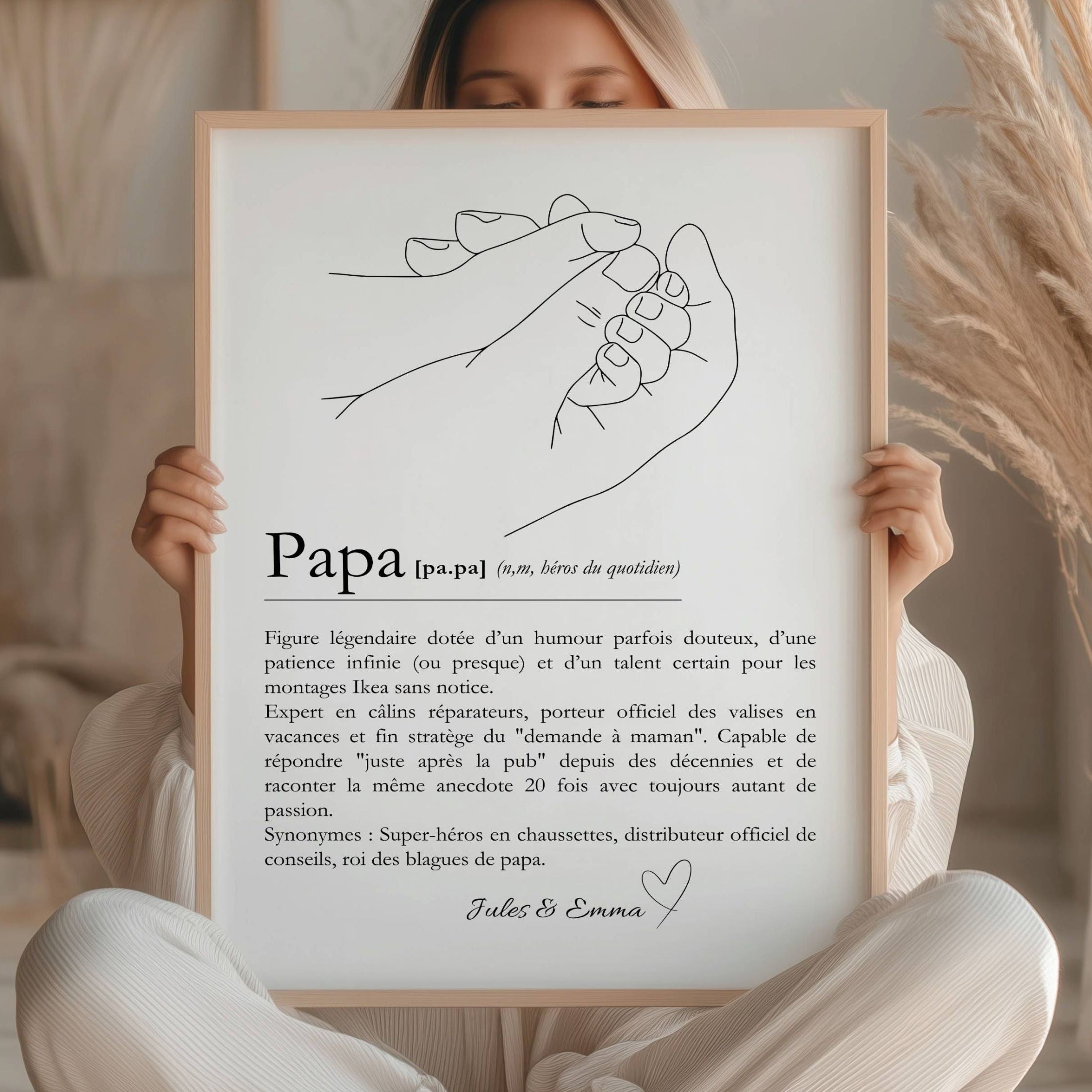 Affiche définition Papa au style minimaliste, texte plein d’humour et d’amour, idée cadeau papa personnalisé