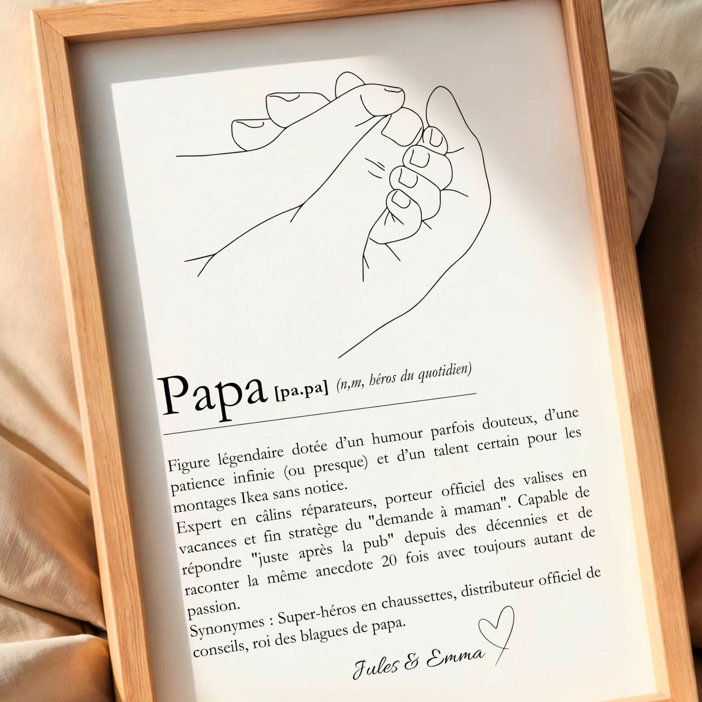 Affiche Papa personnalisée encadrée dans une décoration intérieure moderne, cadeau papa émotionnel à afficher