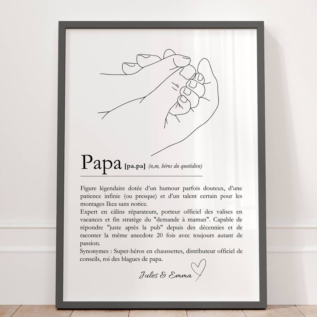 Affiche définition Papa au style minimaliste, texte plein d’humour et d’amour, idée cadeau papa personnalisé