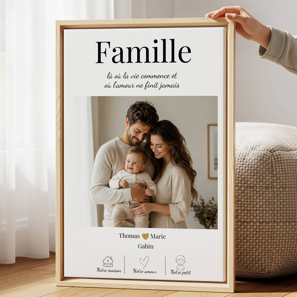 Cadeau famille personnalisé avec affiche photo en cadre bois, idée tendre pour parents ou grands-parents