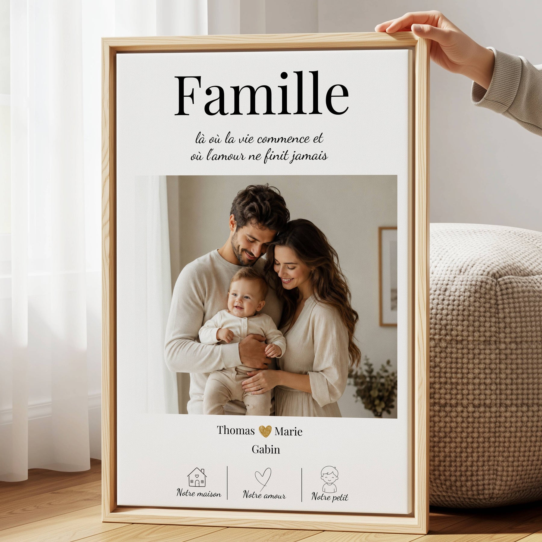 Cadeau famille personnalisé avec affiche photo en cadre bois, idée tendre pour parents ou grands-parents