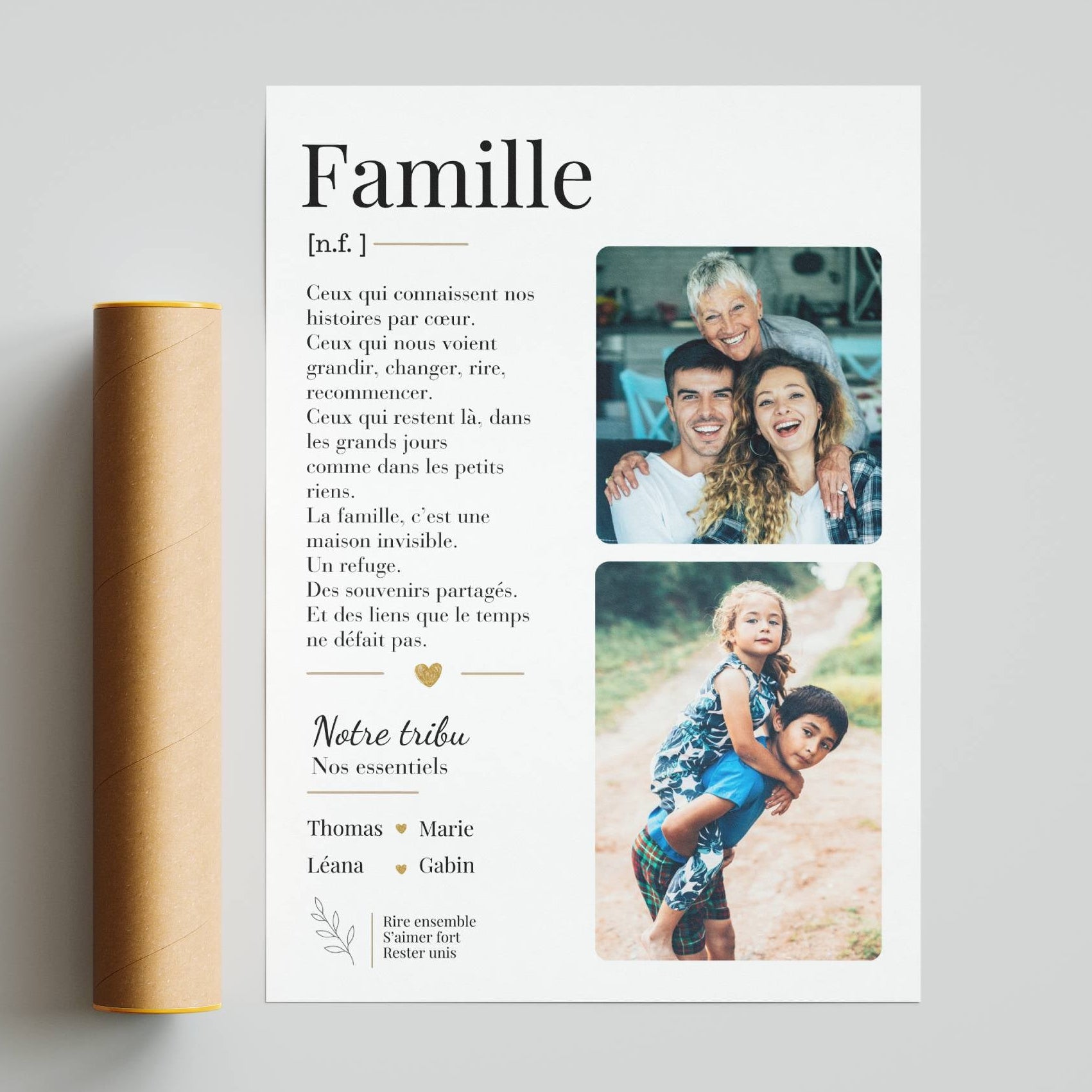 Photo de famille sur affiche personnalisée, cadeau souvenir pour célébrer parents et enfants.