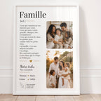 Affiche définition Famille personnalisée avec photos et prénoms, cadeau famille tendre et élégant à offrir.