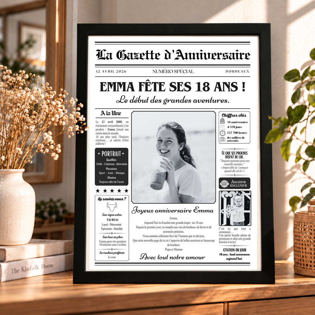 Affiche Gazette d’anniversaire 18 ans personnalisée avec photo, présentée dans un cadre noir