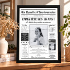 Affiche Gazette d’anniversaire 18 ans personnalisée avec photo, présentée dans un cadre noir