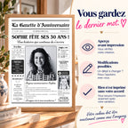 Gazette personnalisée 30 ans avec aperçu, modifications possibles et validation avant impression