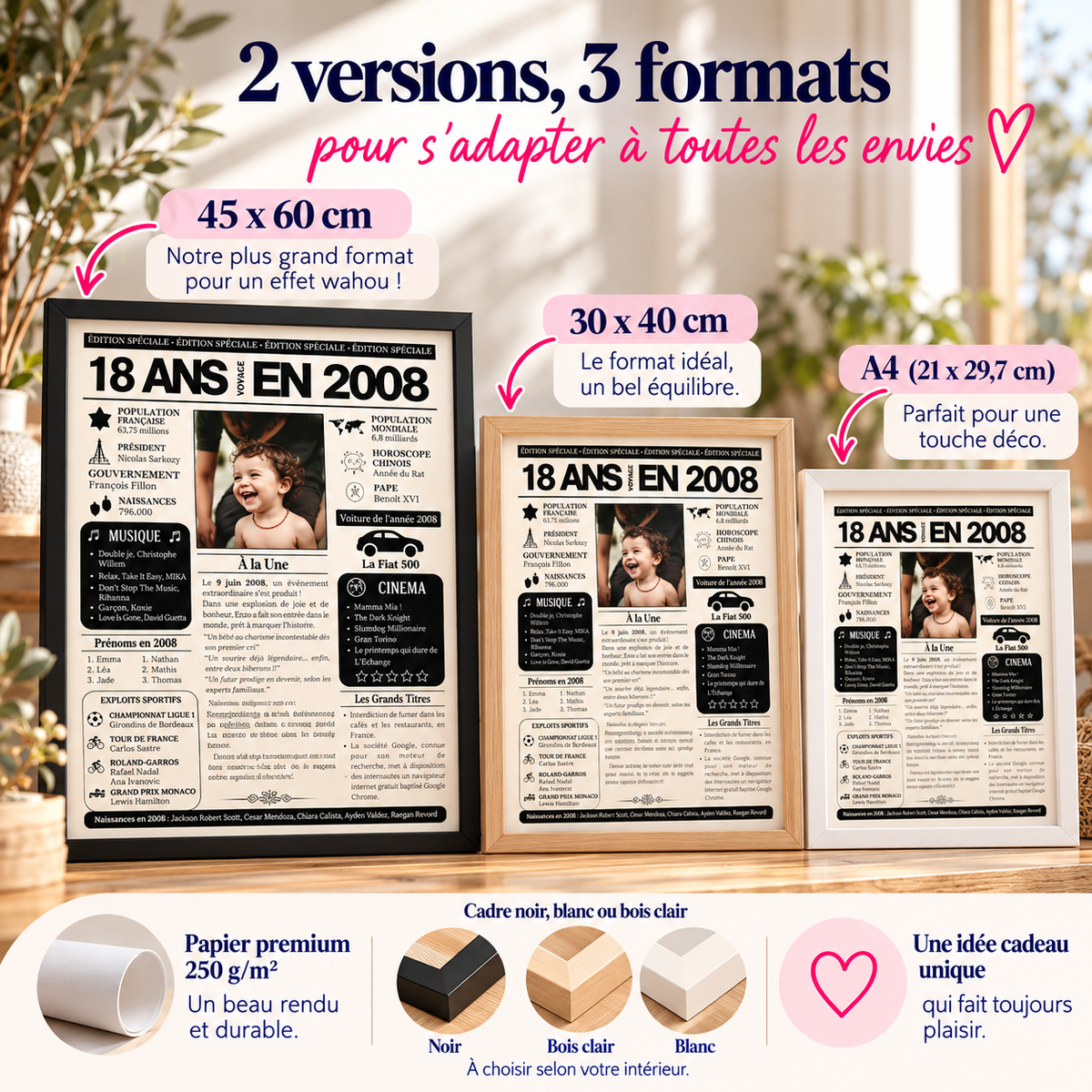 Affiche journal 18 ans en A4, 30x40 et 45x60 cm avec cadres noir, blanc ou bois clair