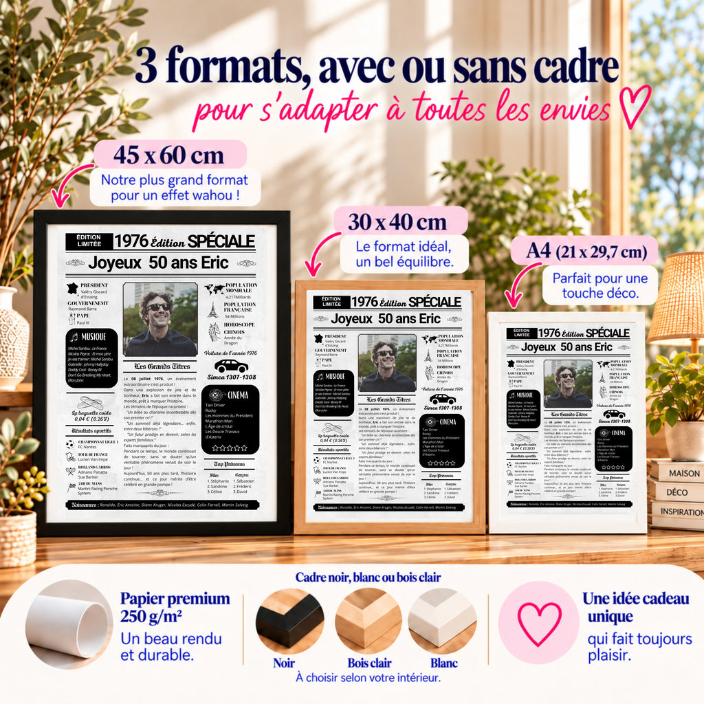 Affiche journal 50 ans  homme en trois formats A4, 30 × 40 et 45 × 60 cm, avec cadres noir, bois clair ou blanc.
