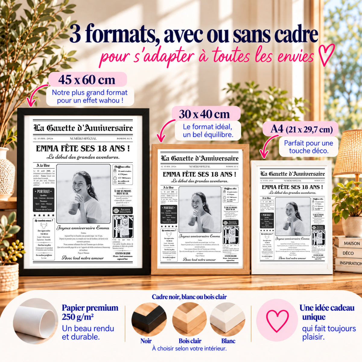 Affiche journal anniversaire 18 ans disponible en A4, 30x40 et 45x60 cm, avec ou sans cadre