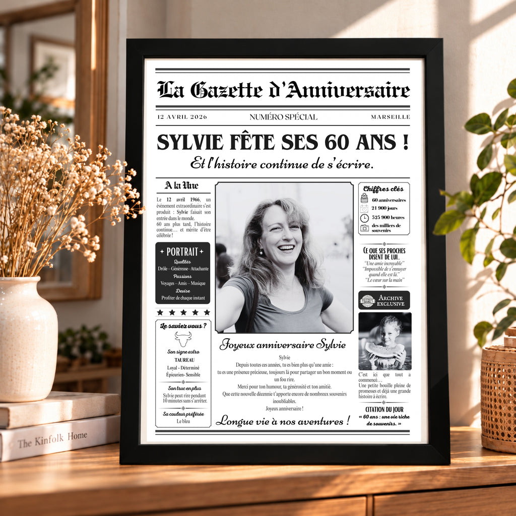 Affiche journal anniversaire 60 ans personnalisée présentée dans un cadre noir