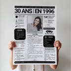 Affiche journal personnalisée 30 ans avec photo, inspirée de l'année de naissance 1996.