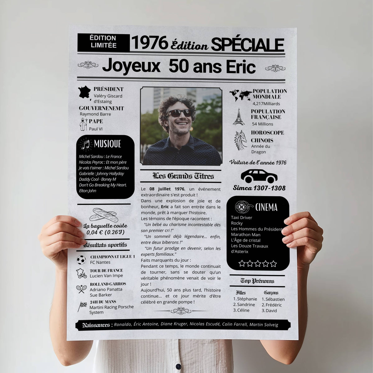 Affiche journal personnalisée pour un anniversaire de 50 ans, avec la photo et le prénom d’Éric, né en 1976.