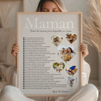 Affiche maman personnalisée avec photos en forme de cœur et texte toutes les raisons pour lesquelles on t’aime – cadeau maman émotion.